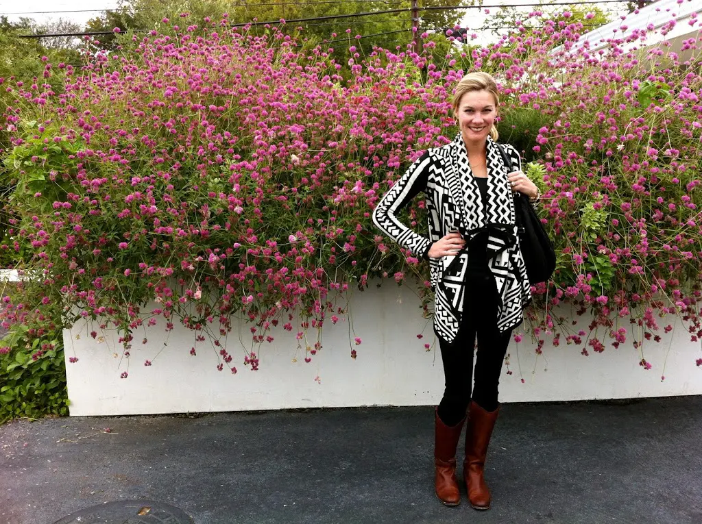 Brown with Black? YES! C. Style Blog black with brown boots, black zara jeggings, black and cream urban outfitters sweater, black and white open cardigan, black and white urban outfitters sweater, frye boots in cognac, nordstrom frye boots, melissa button frye boots, c. style blog, cstyleblog, carly lee, carly s. lee, c-style blog