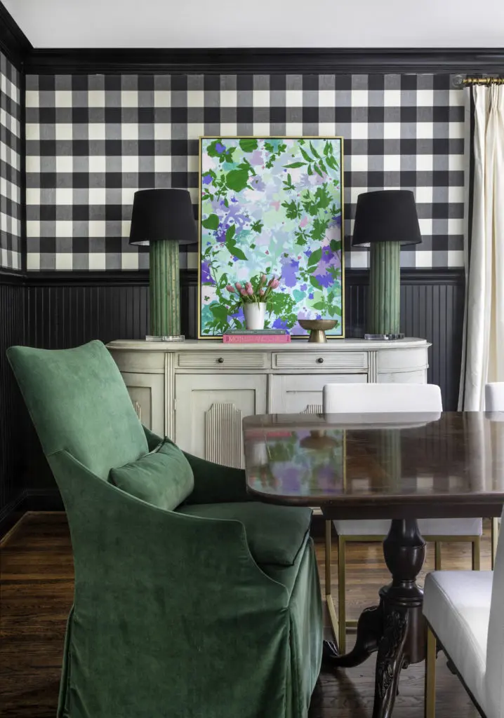 Tricorn Black by Sherwin Williams, Restoration Hardware Emery fabric side chair, Lee Industries Chair in Pindler Lorenzo fabric, Lone Ranger Antique sideboard, Green Garden Window by Carlyle Wolfe 